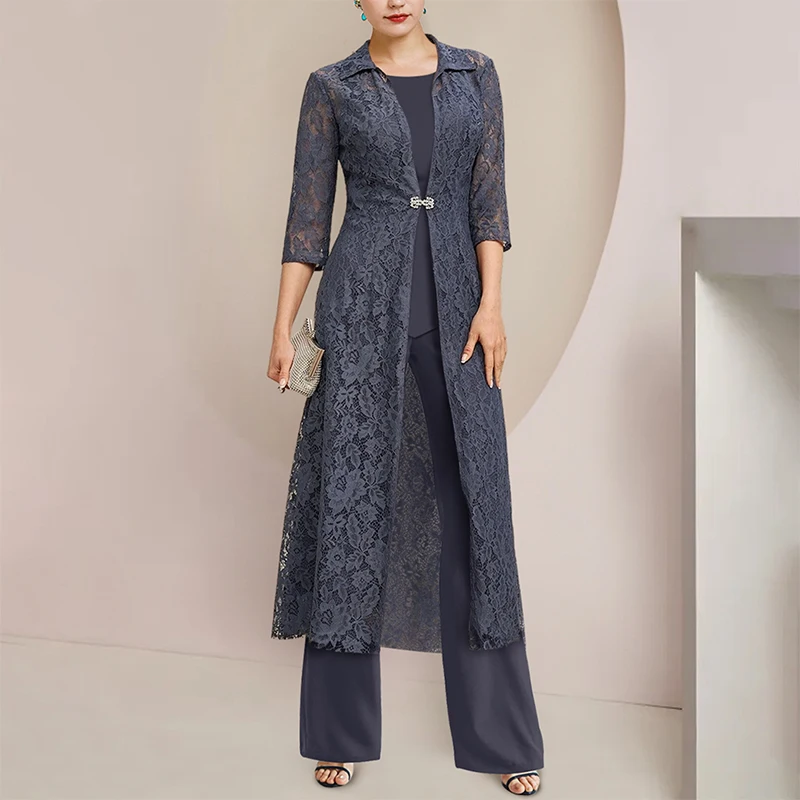 

3 Pieces Pantsuit Mother of the Bride Dresses Lace Appliques Ankle-Length Wedding Guest Party for Women Evening 2023 Elegant New