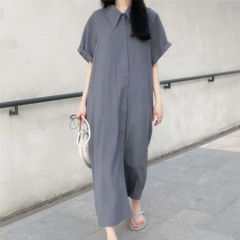 Long Dress Women Shirt Dresses Turn Down Collar Vestidos Streetwear Short Sleeve Elegant Maxi Y2k Lace Up High Waist 2025