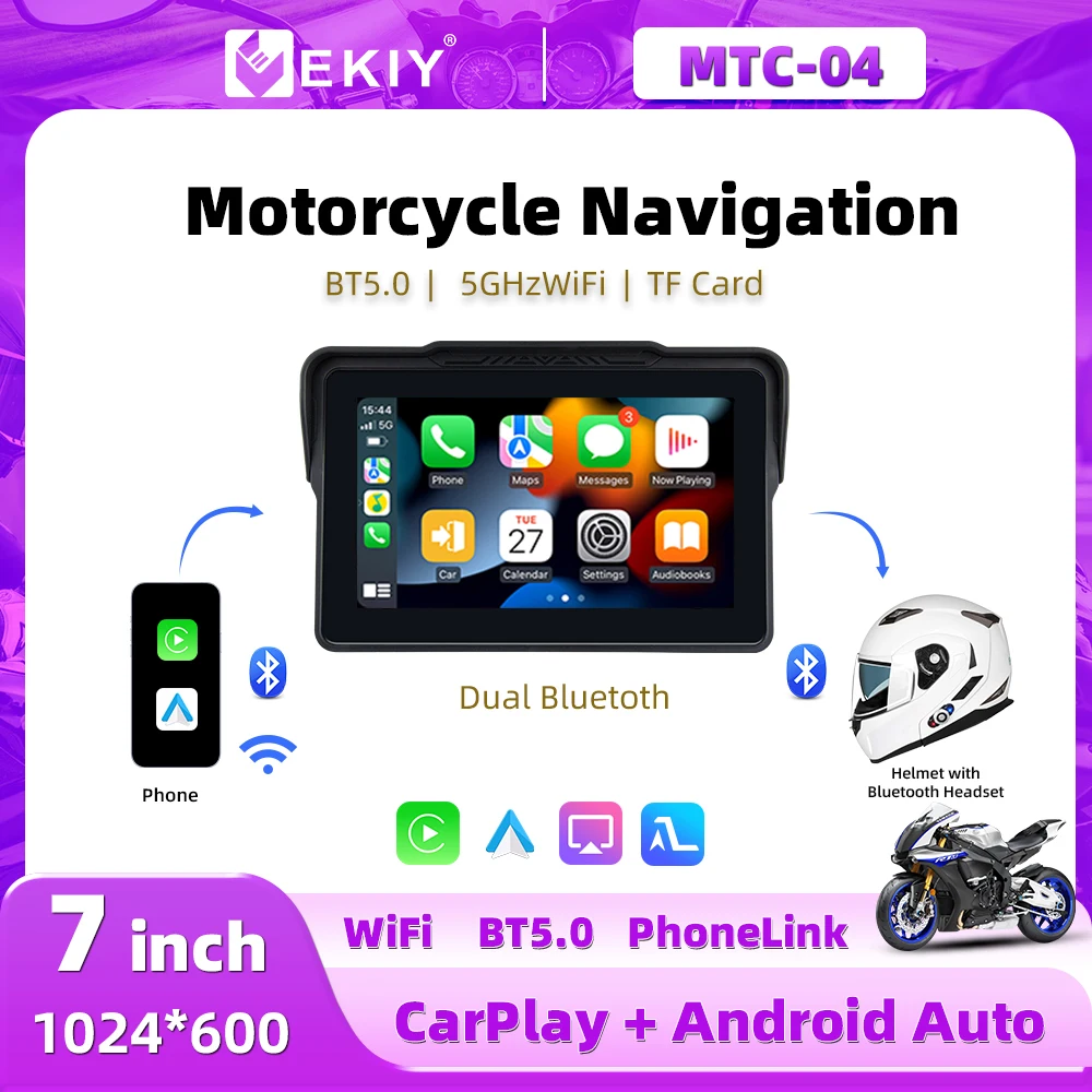 EKIY 7inch Motorcycle CarPlay Motor Navigation Wireless Android Auto Wireless Dual Bluetooth 2 in 1 Connection