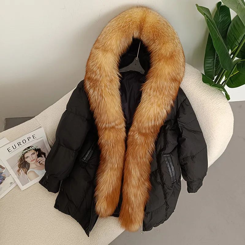 

Winter new women's oversized fox fur collar fur jacket with thickened warmth, fashionable mid length hooded down jacket