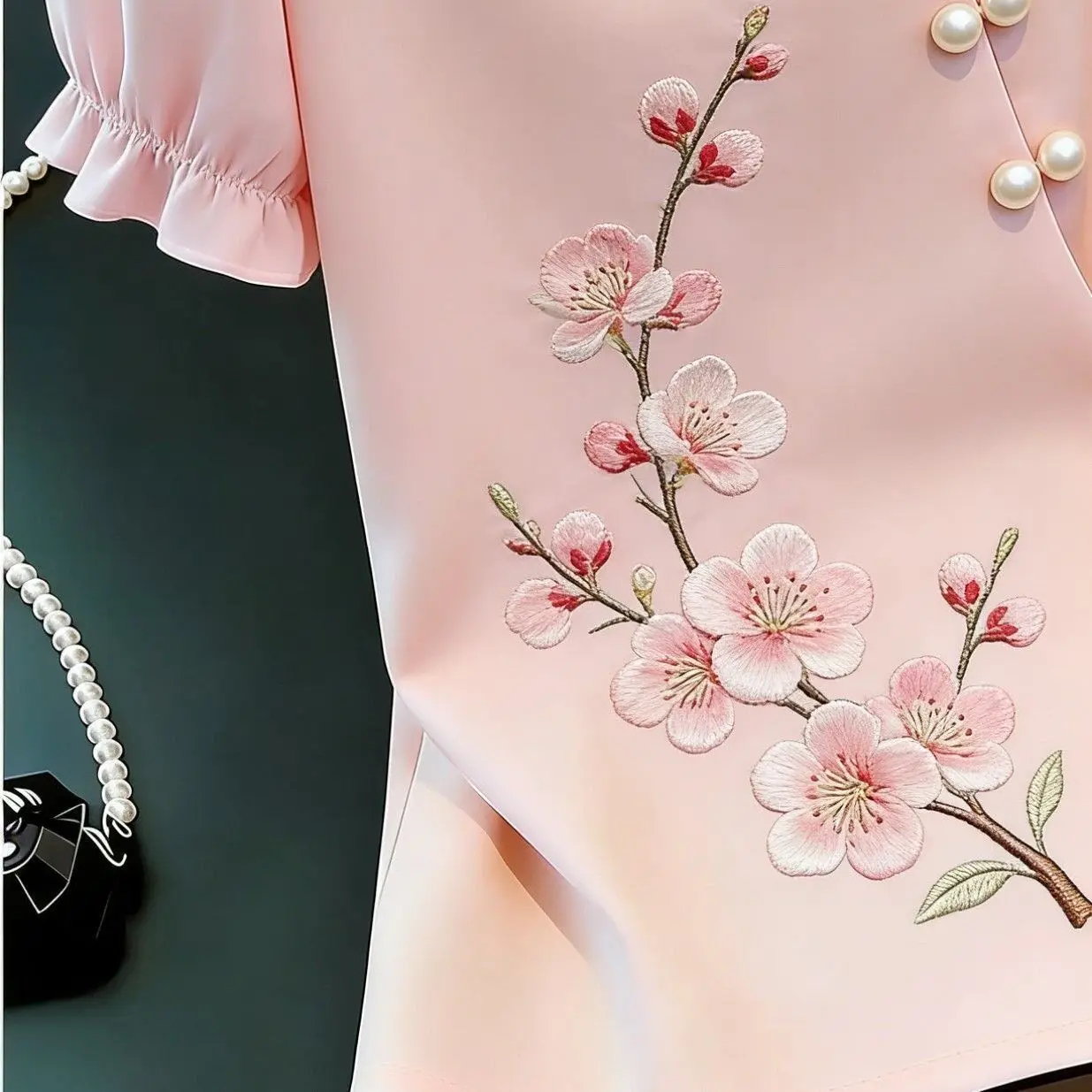 Chinese Style Embroidered Tie-up Shirt 2026 Summer Women Short Sleeve T-shirt Female Elegant Pink Shirt Office Lady Base Shirt view 4