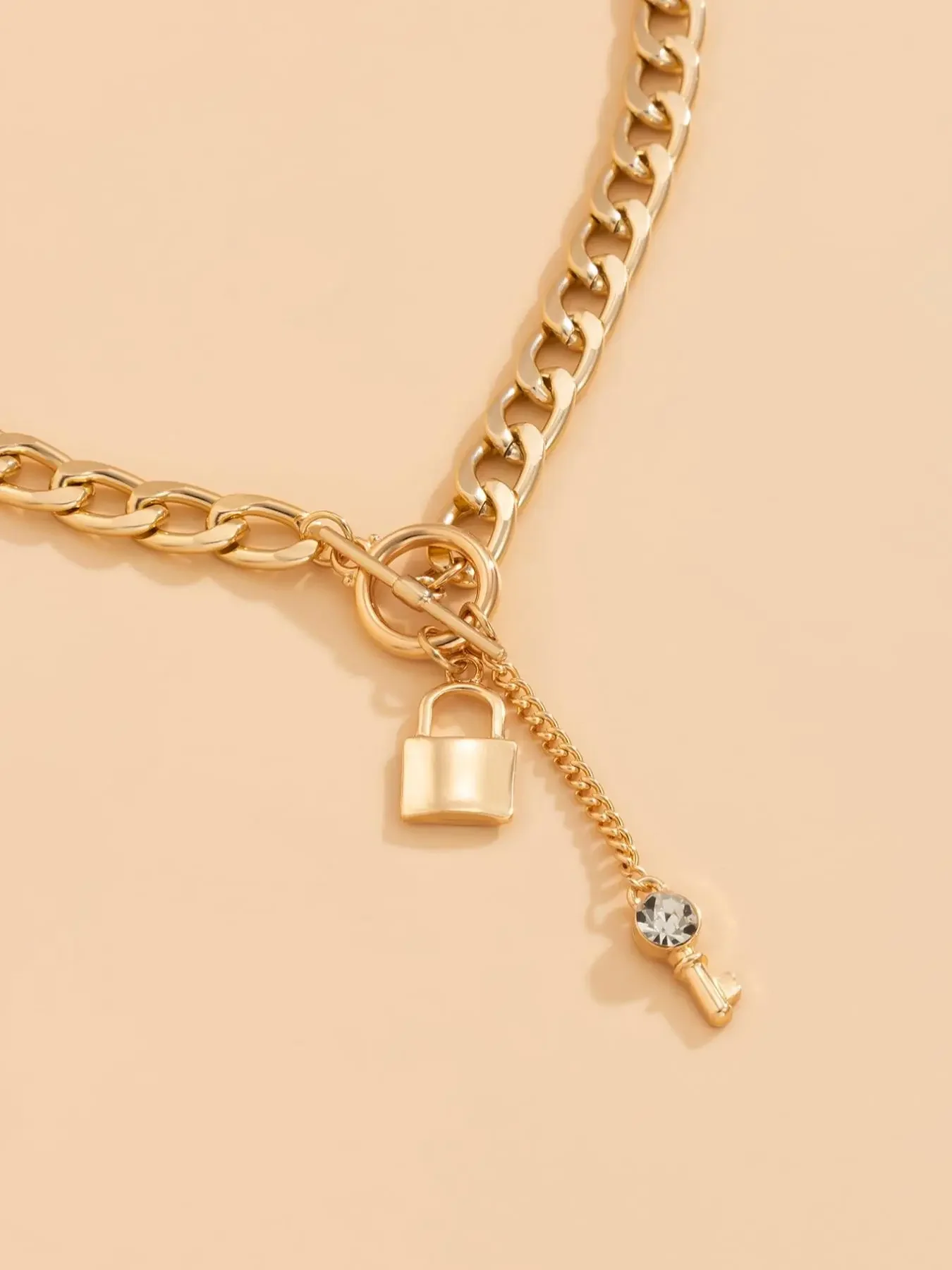 Rhinestone Key & Lock Design Chain Necklace for Women, Gift, Elegant Necklace, Charms Necklace, Clavicle Chain Necklace, Dainty Choker Necklace, OT Buckle Chunky Cuban Link Chain Necklace, Mexican Necklaces, Chain Jewelry, Rhinestone Decorated Necklace