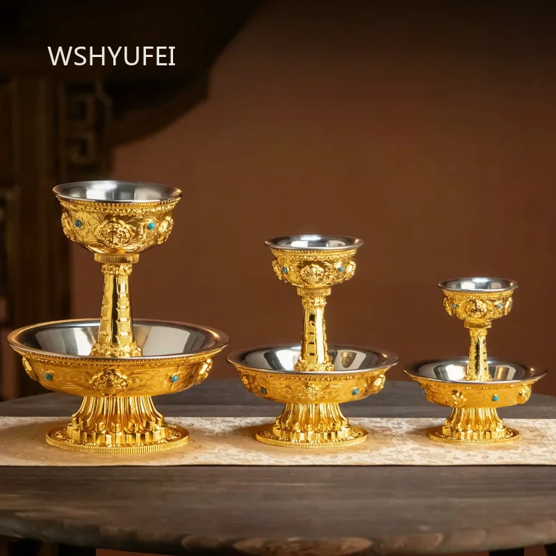 Golden Serkyem Set with Inlays Tibetan Buddhist Altar Offering Cup with Stainless Steel Interior and Eight Auspicious Symbols