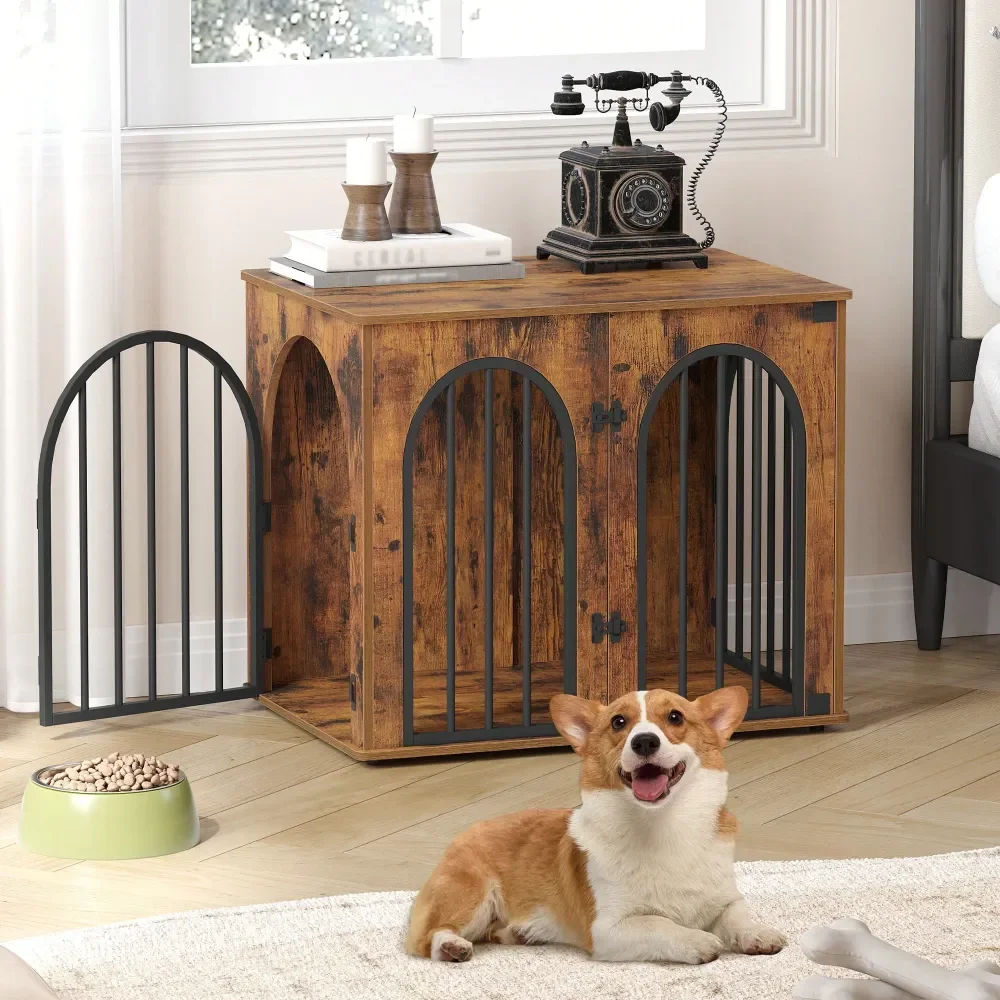 

26.8 Wooden Dog Crate Furniture, Indoor Dog Kennel Dogs Cage For Small Dogs, Heavy Duty Dog Crates Decorative Pet House End Sid