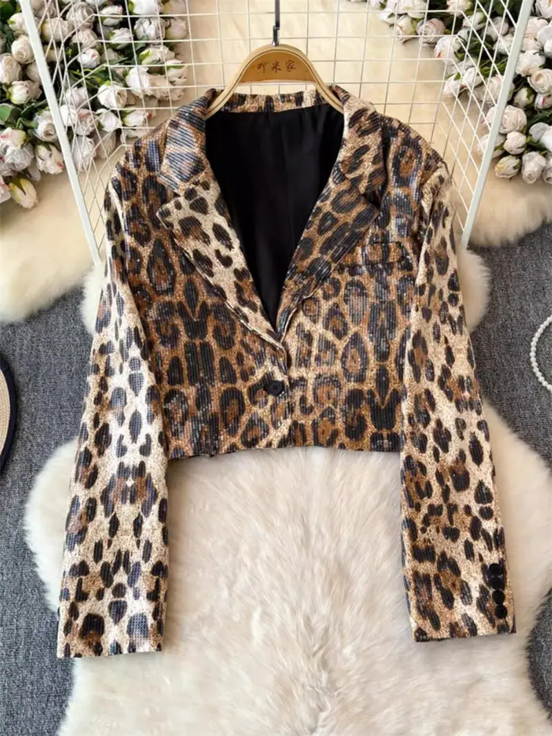 Chaqueta corta con estampado de leopardo para mujer, abrigo de traje de manga larga, versátil, ajustado, coreano, británico, K1949, primavera y otoño, 2024