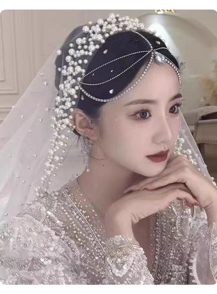 

Pearl Wedding Veil Cathedral Veil One Layer Bridal Accessory with Comb for Brides Wedding Accessories Headwear