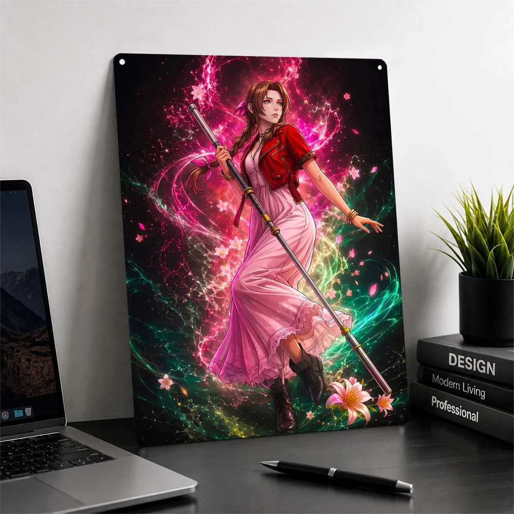 Aerith Gainsborough Final Fantasy VII 3D Printed Texture Poster Personalized Wall Art Retro Metal Tin Signs for Room Accessories