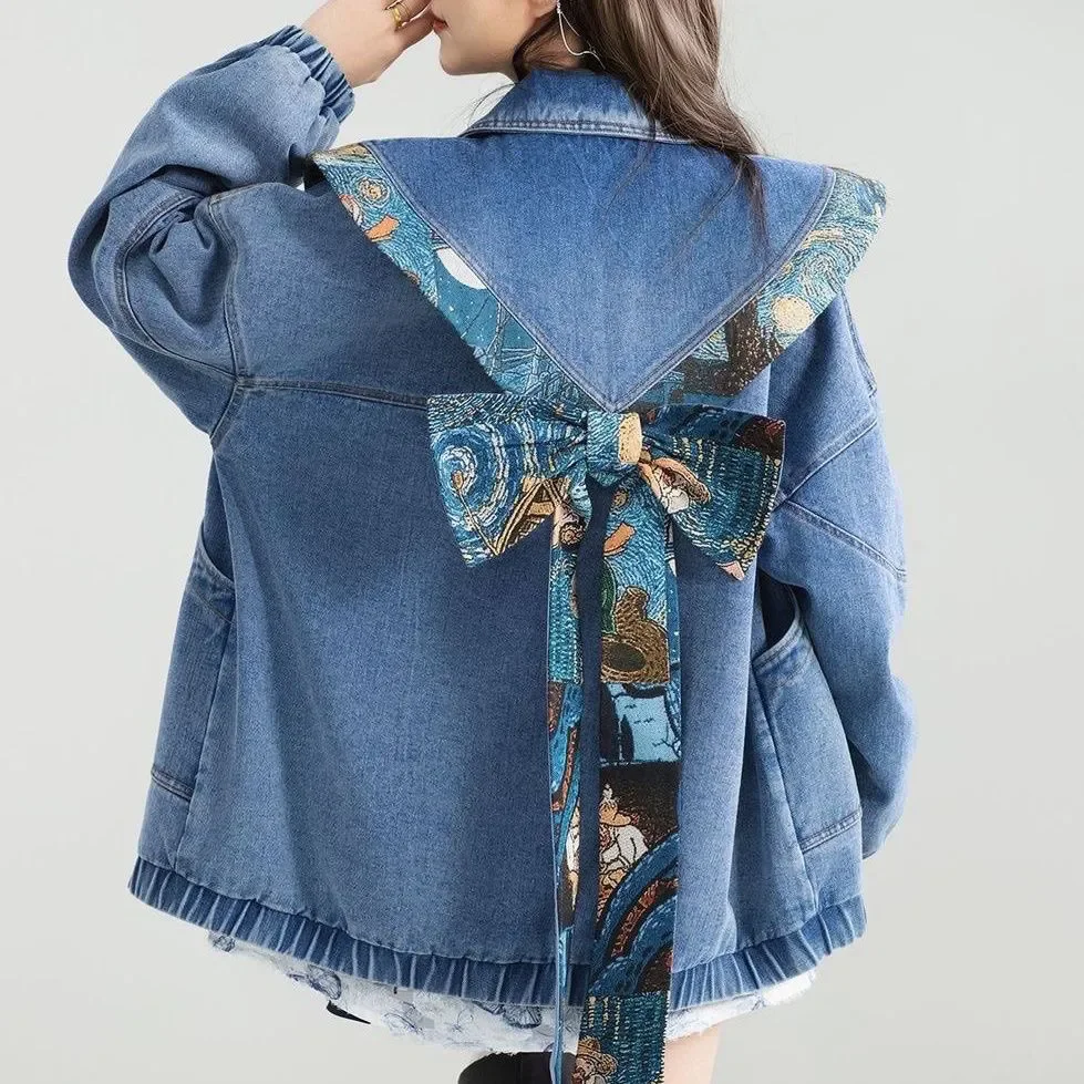 

Vintage Denim Jacket Outwear Women's 2025 Spring Autumn New Fashion Artistic Design Jacquard Bow Jeans Jacket Loose Tops