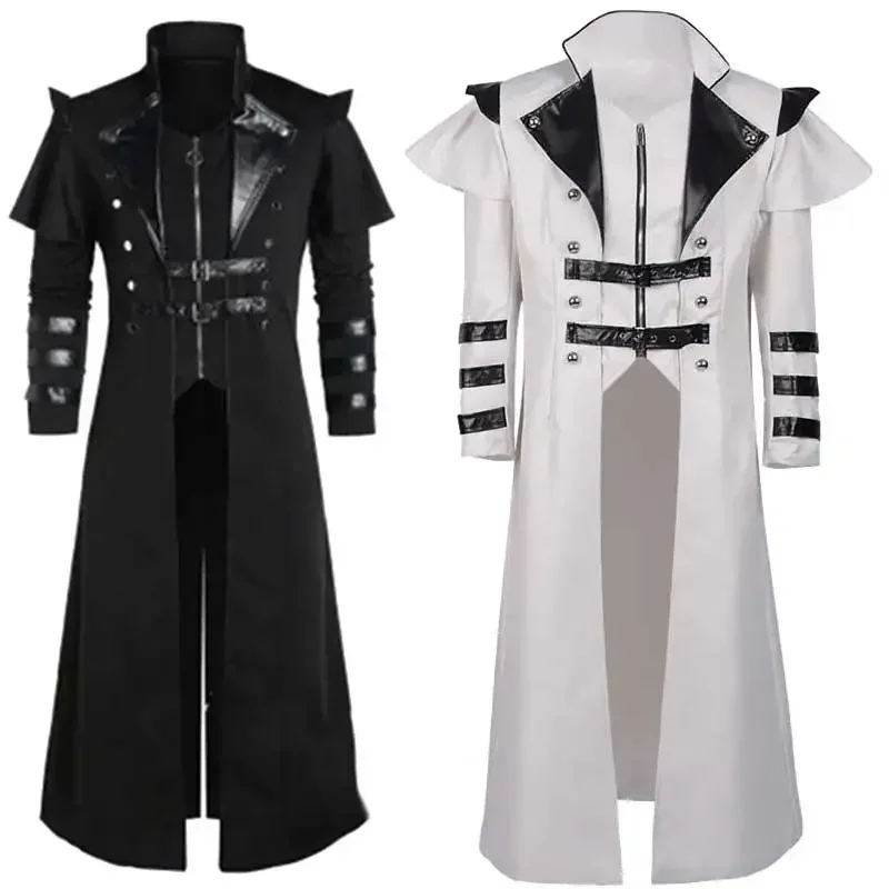 Men's Steampunk Gothic Long Trench Coat Jacket Double Breasted Zipper Punk Tops Cosplay Medieval Costume Black