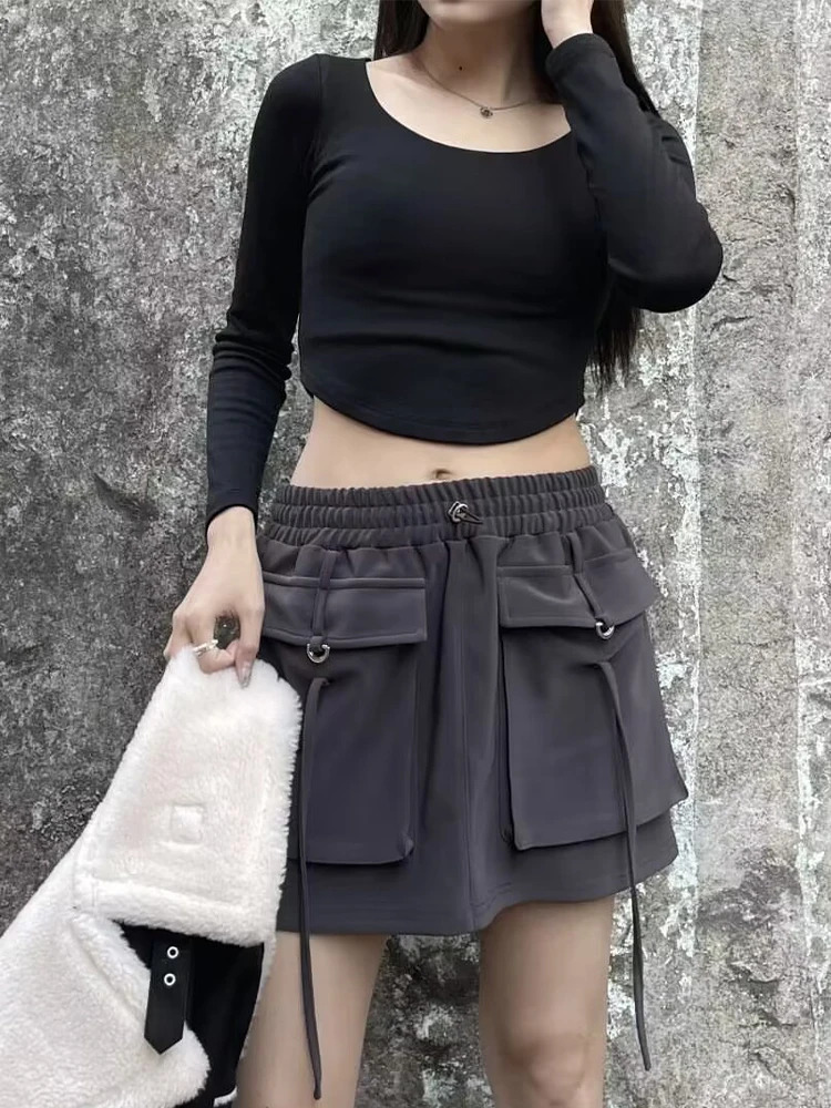 

Женская короткая юбка SLTNX с эластичным поясом и карманами, 6 цветов, повседневная и практичная уличная юбка для весны и лета.