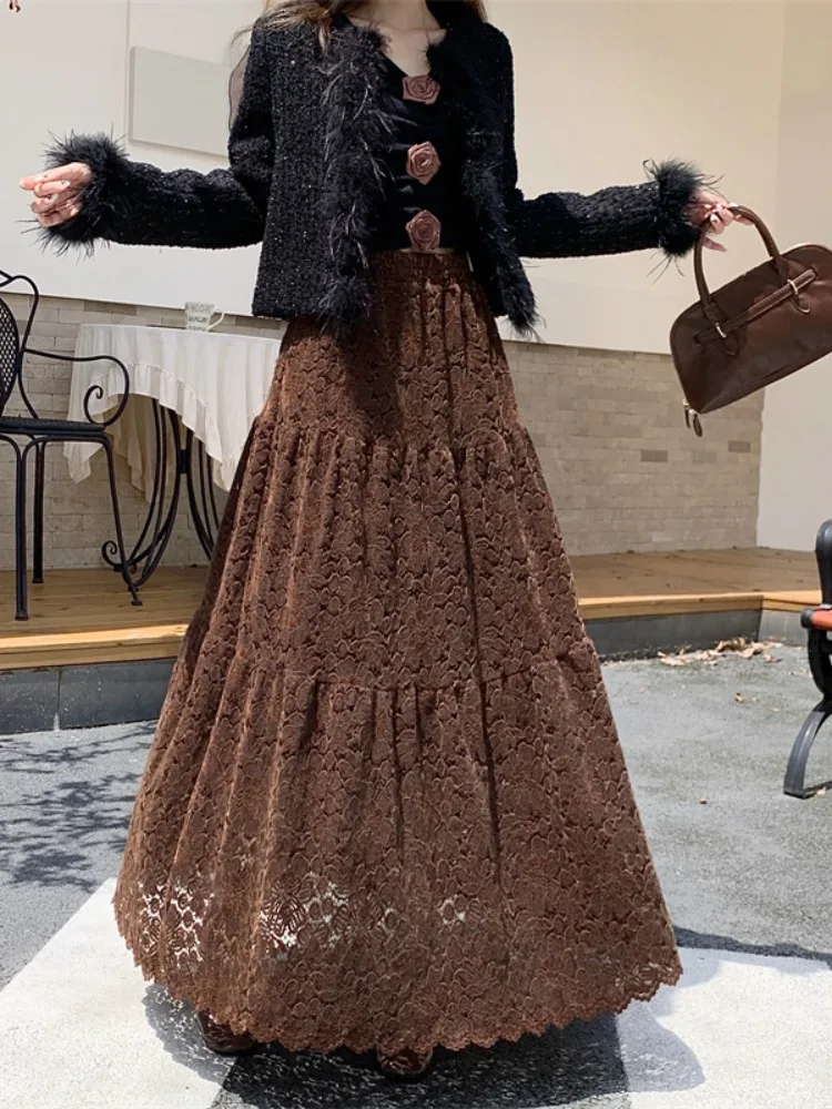 ハイウエスト A ライン スカート レディース レース ベルベット f-length ケーキ スカート エレ スリミング 秋冬 ファイオン