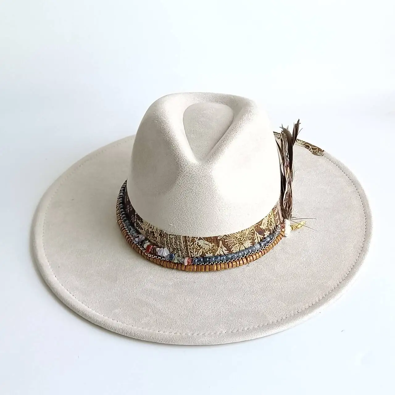Cream White Boho Western Felt Fedora Hat 56-58cm Adjustable, Vintage Floral Ribbon, Natural Feather & Multi-Layer Bead Decor Was