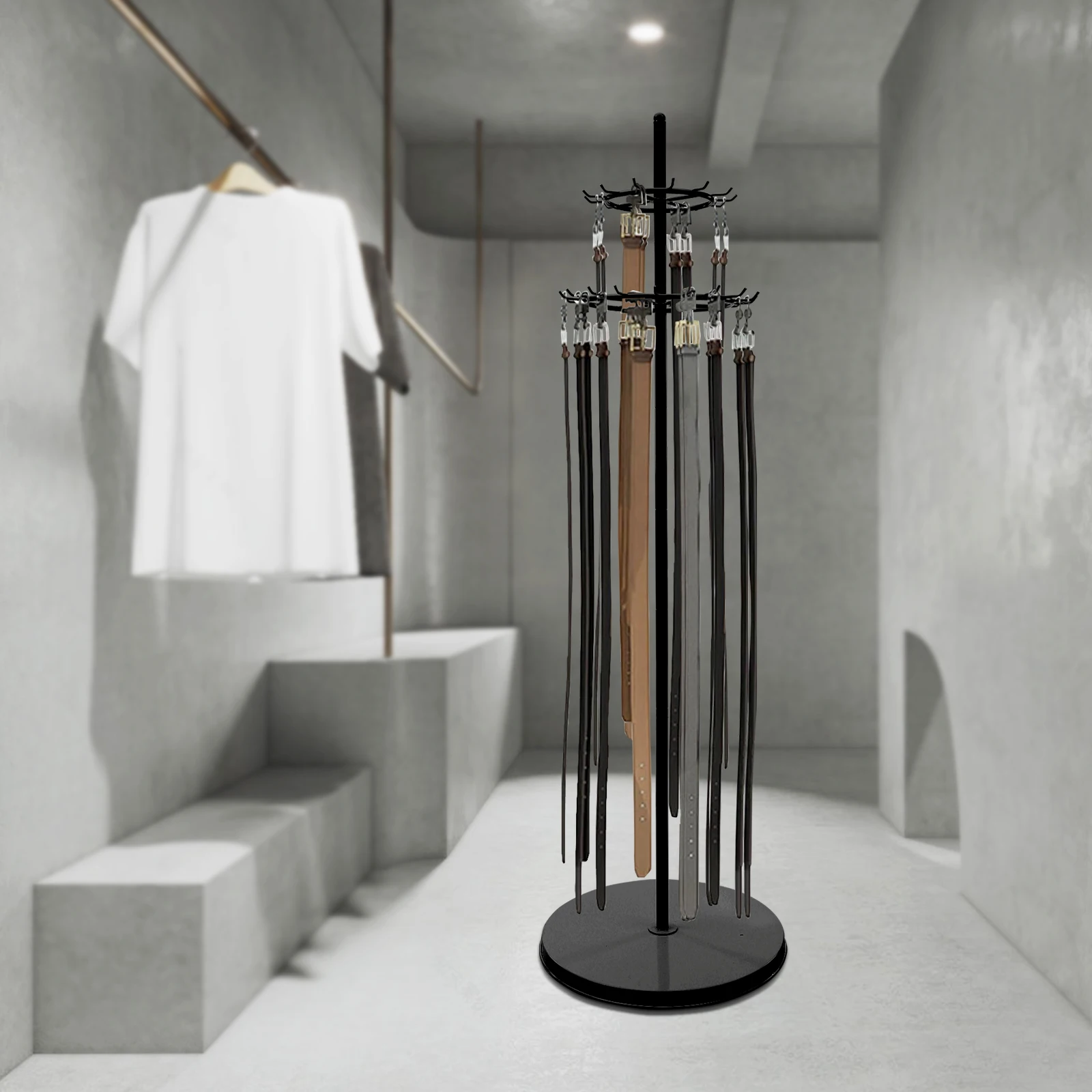 Rak Display Sabuk Logam 2 Lapis Hitam, Rak Penyimpanan Berkapasitas Besar yang Berdiri di Lantai, Rak dengan Daya Tahan Beban Tinggi