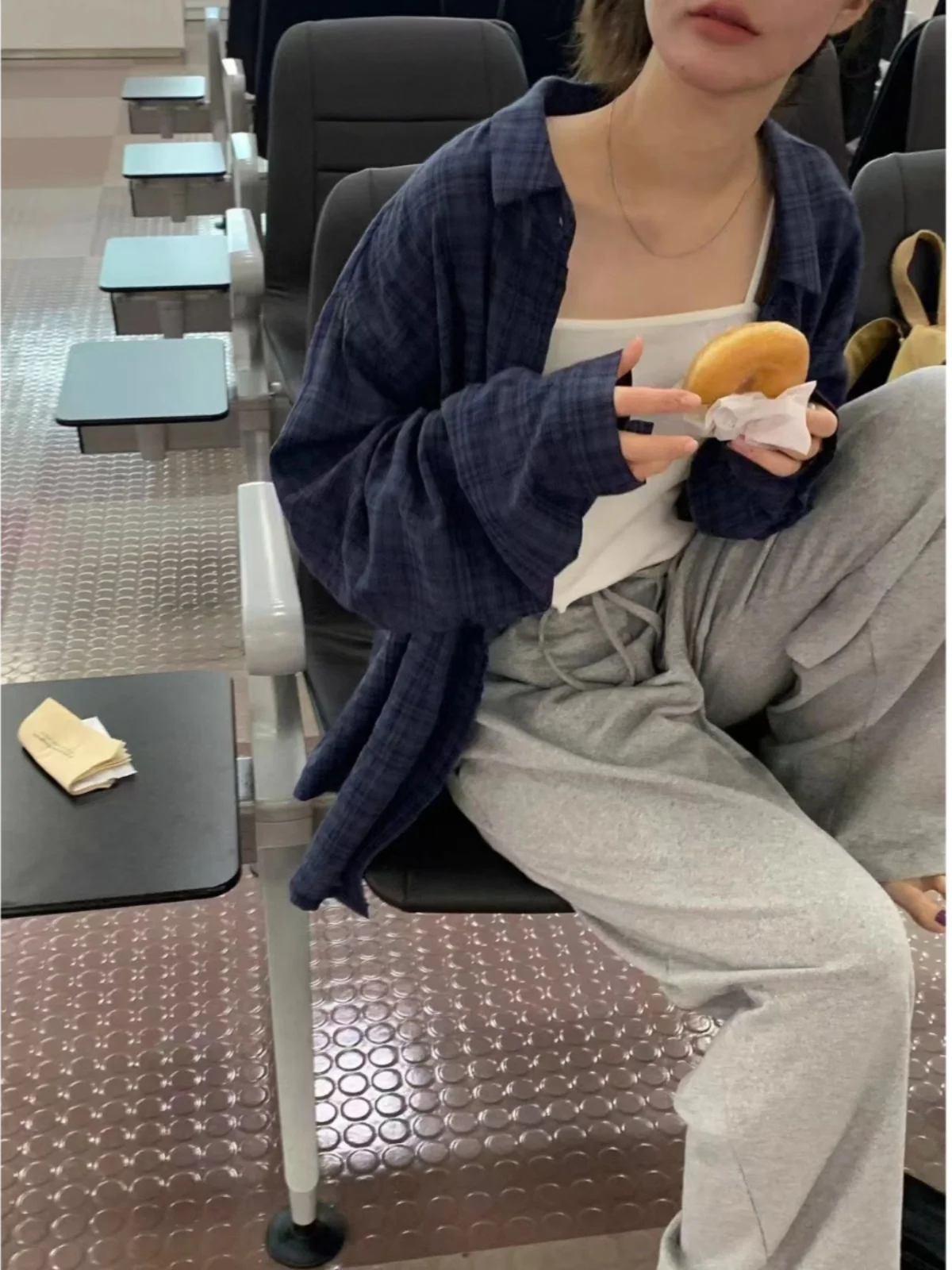 

Retro Japanese Blue Plaid irt Women's Thin Long Sve Loose Design Spring Autumn Outerwear Classic Commute Sle Button Cl...