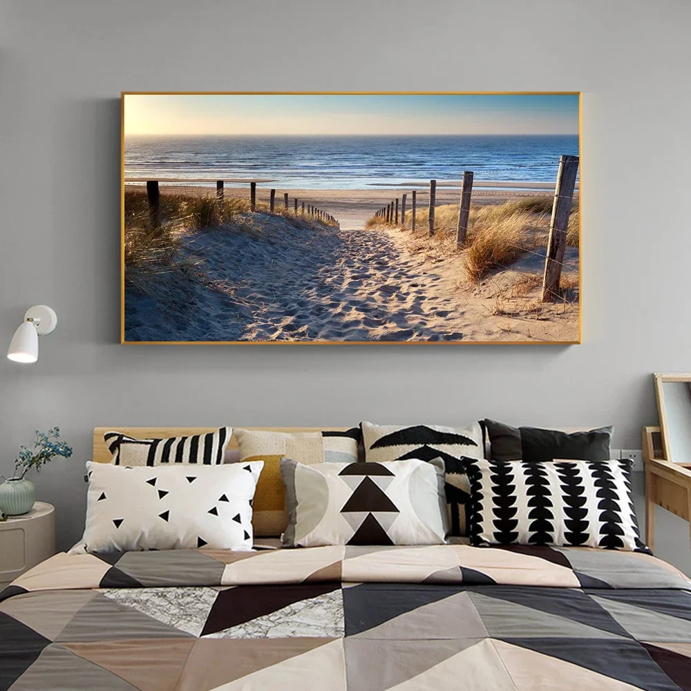 Tableau mural sur toile sans cadre, impression de paysage marin de plage, affiche de coucher de soleil sur un chemin de dunes côtières pour la décoration murale d'un grand salon ou d'une maison.
