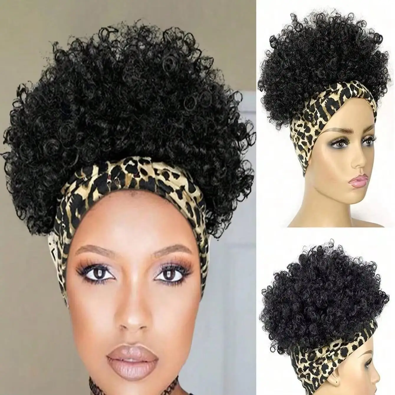 المرأة الأفرو شعر مستعار شديد التجعد مع الاصطناعية خصلات الشعر المستعار القصير مع عقال المرفقة حك الباروكات غريب مجعد عقال شعر مستعار