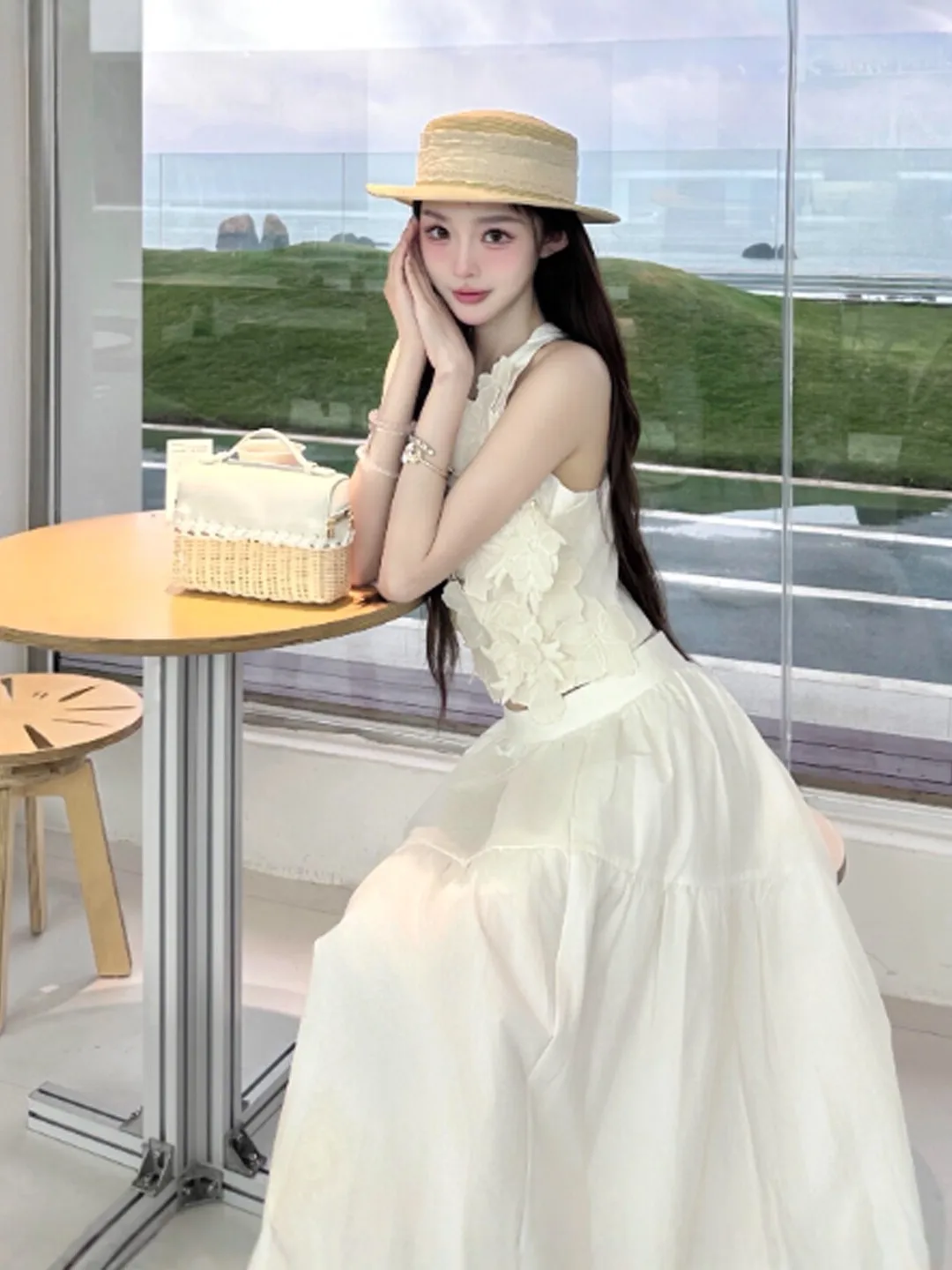 

Summer Anti-Aging Fashion Set Unique Beautiful Top Half-Skirt Two-Piece Set Complete Outfit Korean Style Short Sleeve round Neck