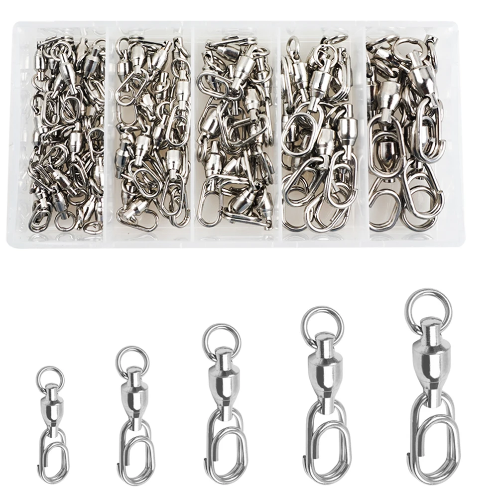 55Pcs Fishing Swivels Snaps Ball Bearing Swivel Stainless Split Ring Fishing Snap Rolling Swivel lure Fishing Connector Tackle