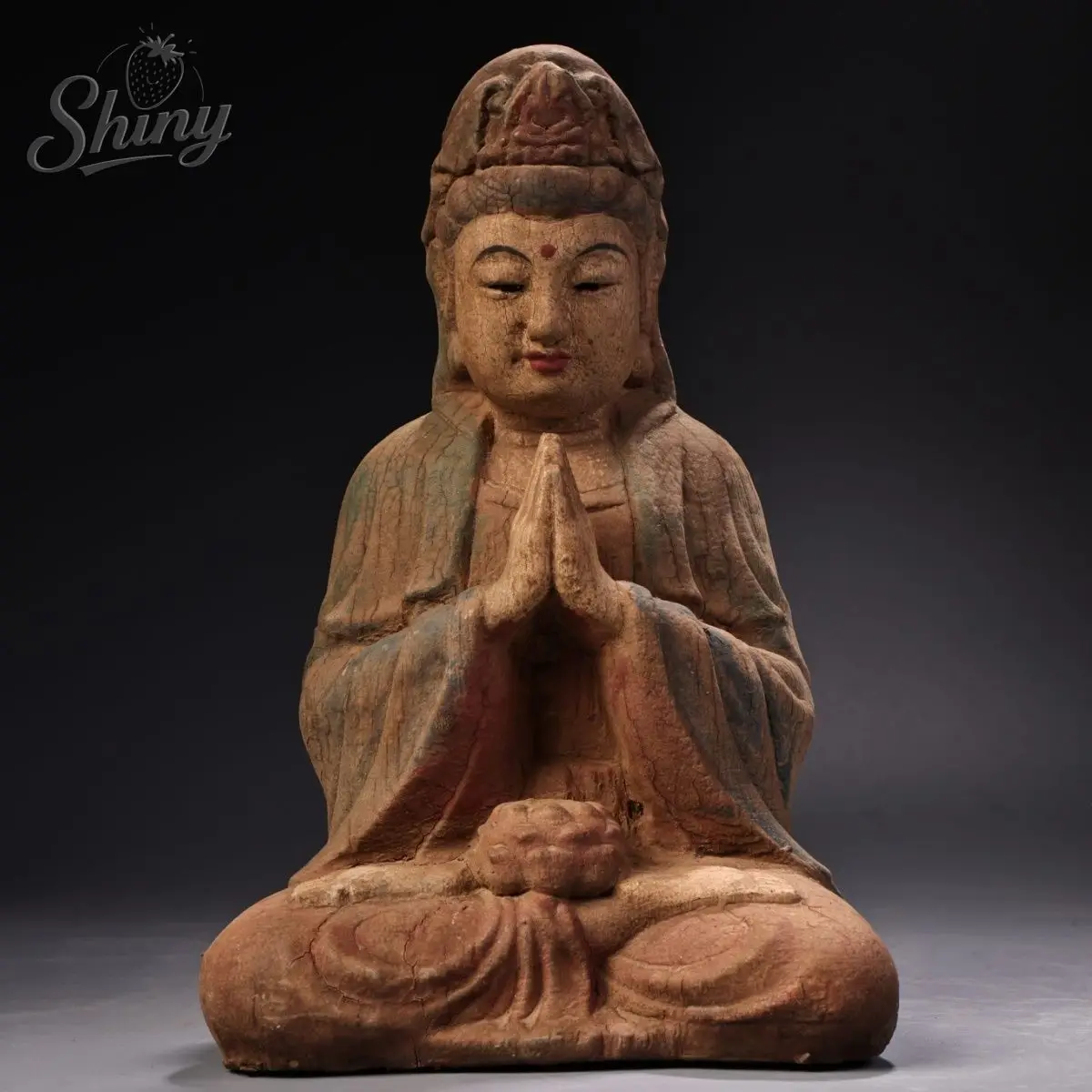 

8.6"Tibetan Temple Collection Old Wood Carving Lacquer Gold Painted Guanyin Bodhisattva Sitting Buddha Worship Hall Town house