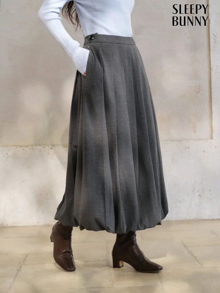 

Vintage Pleated Wool-Like Midi Skirt for Women High Waist Gray Balloon Hem Skirt Elegant A-Line Long Skirt Autumn Office Outfits