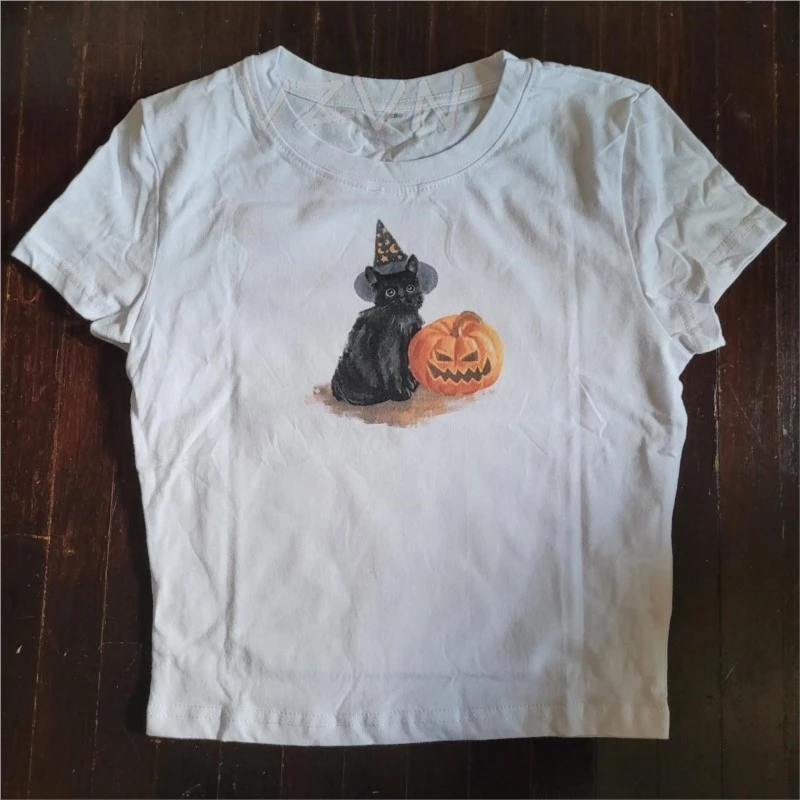 

2000s Halloween Style T-Shirt Summer Vintage Gothic Crop Tops Retro Cat graphic Y2K Streetwear Grunge Short Sleeve Baby tee