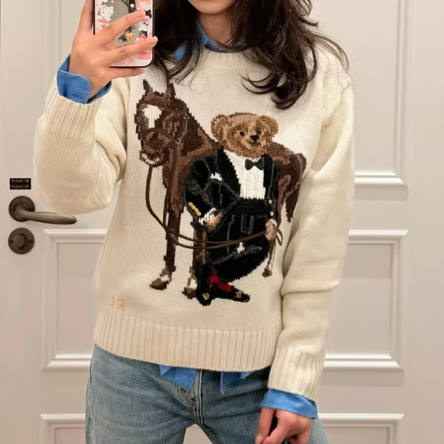 Adorable Bear Embroidery Knitted Sweater Casual Loose Long Sleeve Woolen Top for Autumn Winter in Red White Black Versatile