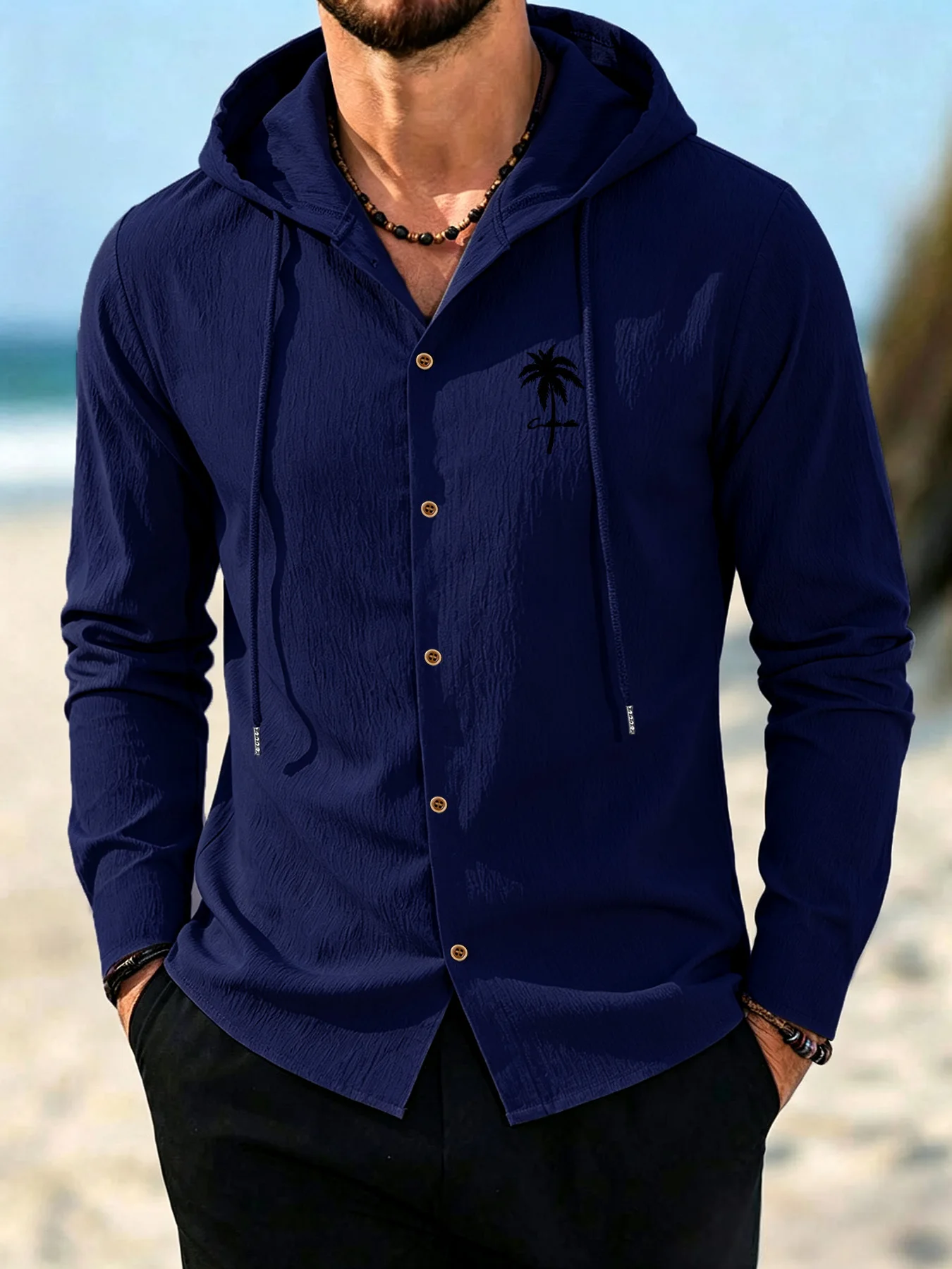 Men Crinkle Textured Long Sleeve Hooded Button Down Shirts Full Wooden Buttons Drawstring Hood Pocketless Lightweight Wrinkle