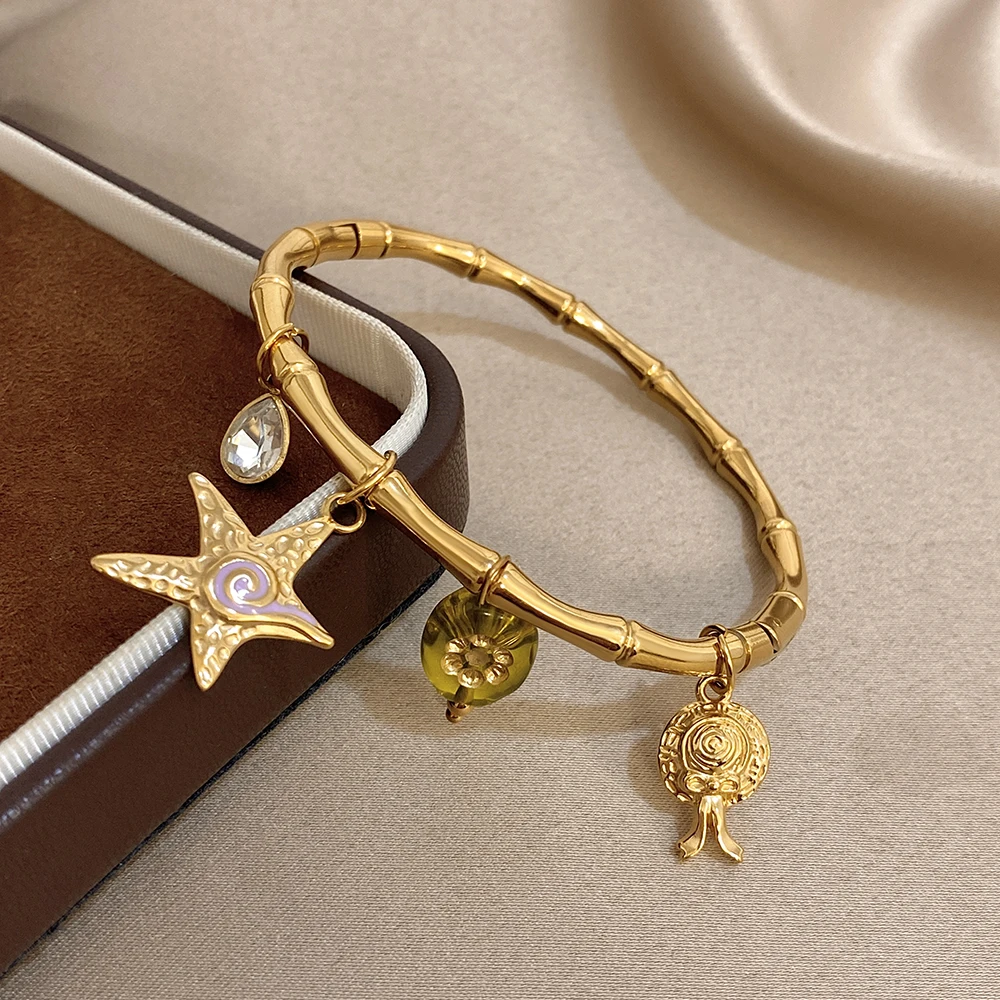 Y2k الشرير أساور استانليس ستيل جديد نجم البحر زهرة الاكريليك قلادة الخيزران الكفة الإسورة اليومية مقاوم للماء حُليات المجوهرات