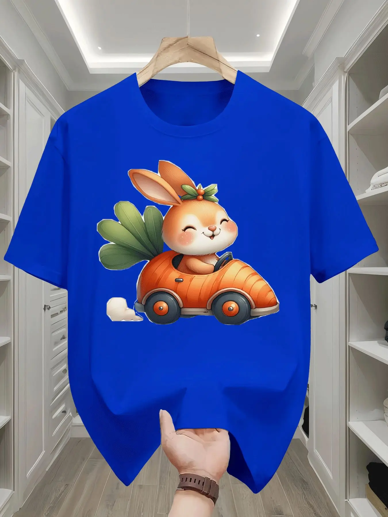 Cute Rabbit Driving Carrot Car Printed Street Style Trendy T-shirt Children's Clothing Daily Street Style Parent Child Clothing