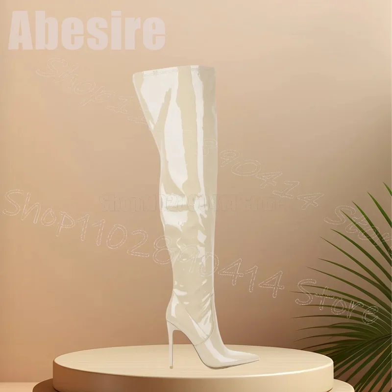 

Beige Pointed Toe Patent Leather Thigh High Boots Side Zipper Women Shoes Thin High Heels Party Banquet 2025 Zapatos Para Mujere