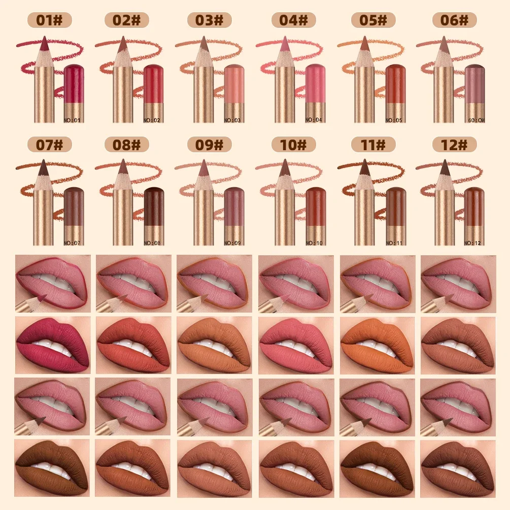 12 Colors Sexy Matte Lipstick Pencil Waterproof Lasting Lip Liner Pen Non-stick Cup Lip Liner Contour Pencil Beauty Makeup Sets