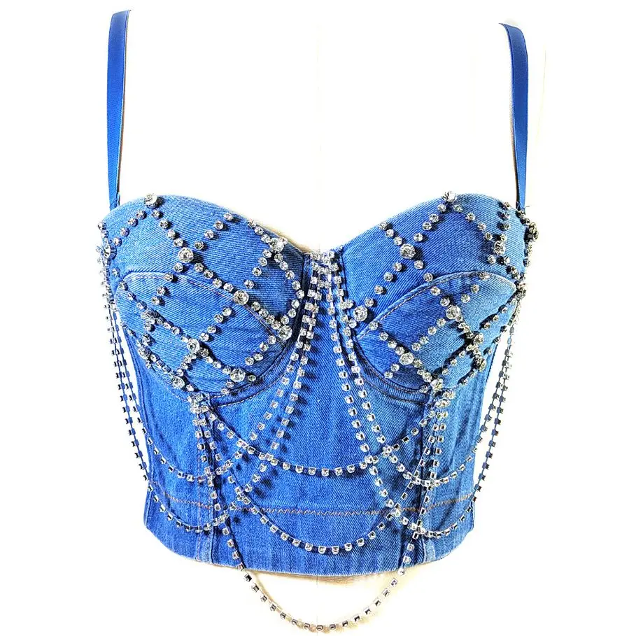 

Denim Tank Tops For Women push up Bustier bra Diamond beaded vest Sexy Backless Cropped top Female Camisole Y4261