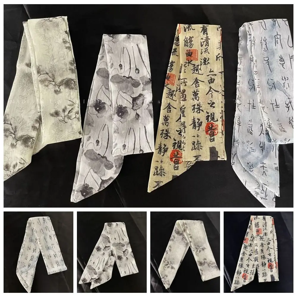 

Elegant Chinese Style Silk Scarf Ribbon Headband Hair Tie Printed Scarf Pink Neckerchief Scarf Hair Band Female