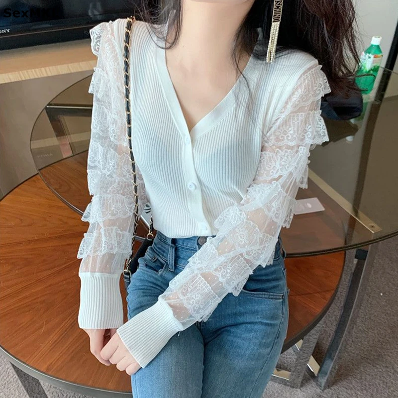 

Women Lace Patchwork Sweaters Casual V Neck White Pullovers Long Sleeve Korean Y2k Clothes Black Jumpers Ladies Knitwear Tops
