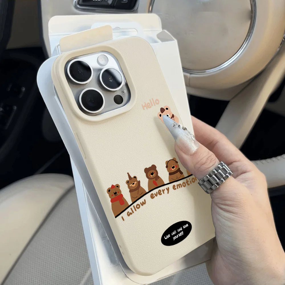 Cute Cartoon Bear Phone Case For iPhone 16 Pro Max Case for iPhone 11 13 15 12 14 Pro Max 16 Plus Shockproof Soft Leather Cover