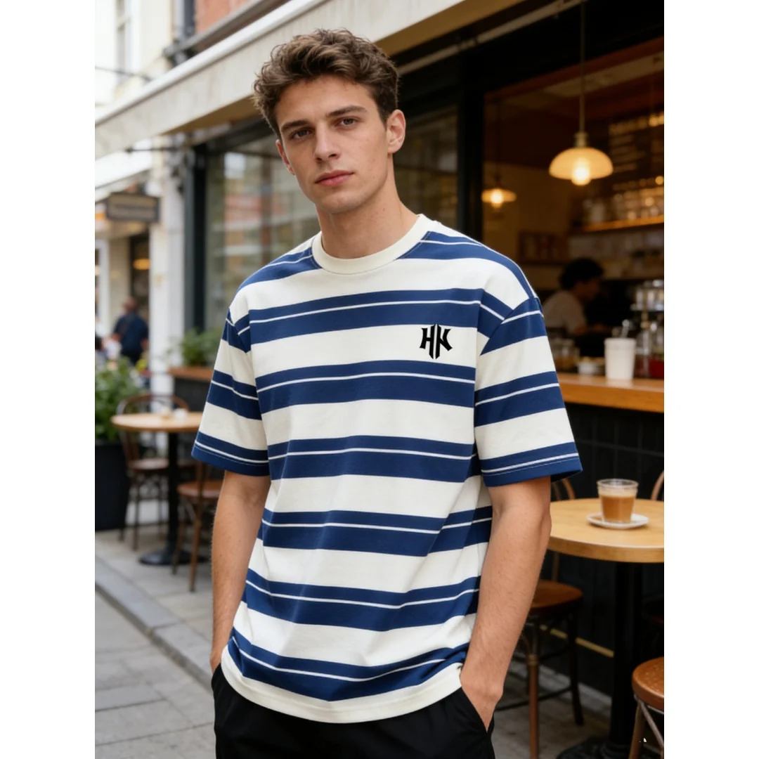 Men's Simple Versatile Striped Letter Print Short Sleeve Fashion Casual T-Shirt Spring and Summer Collection
