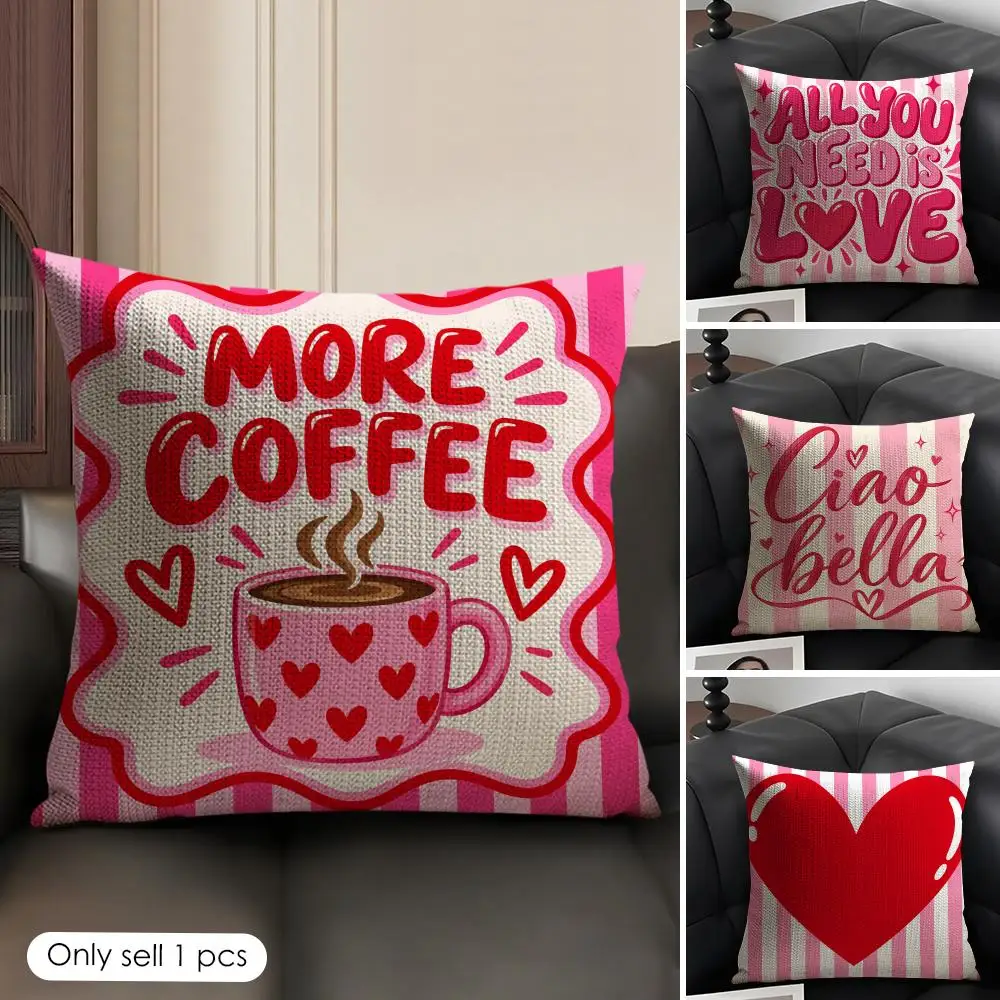 Pink Striped Love Cushion Cover Skin-Friendly Organic Linen Pillow Cover Durable Hypoallergenic Washable Soft