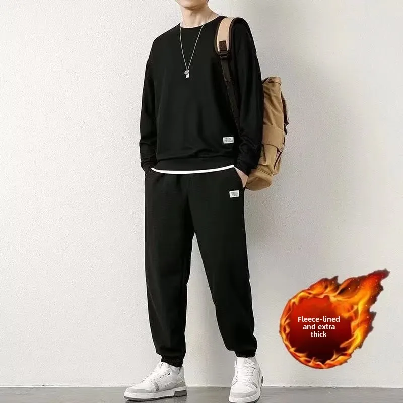 

Men's plus Size Fce Lined Thiened Sports Set Casual Sweatirt Pants Autumn Winter Warm Comfortable Youth Long Sve