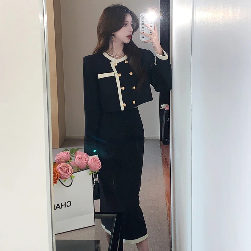 French Style Socialite Women's Short Jacket 2024 Autumn and Winter Elegant Office Lady High-end Suit Top Long SkirtTwo-piece Set