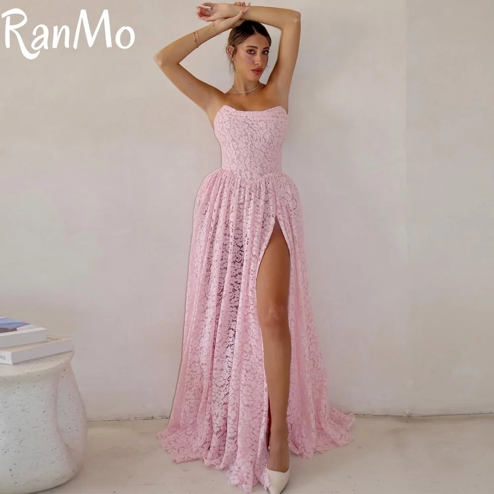 

Ranmo New Exquisite Lace Flowers Prom Dresses Long A Line Pink High Side Slit Formal Dresses Evening Party Gown Woman Customized