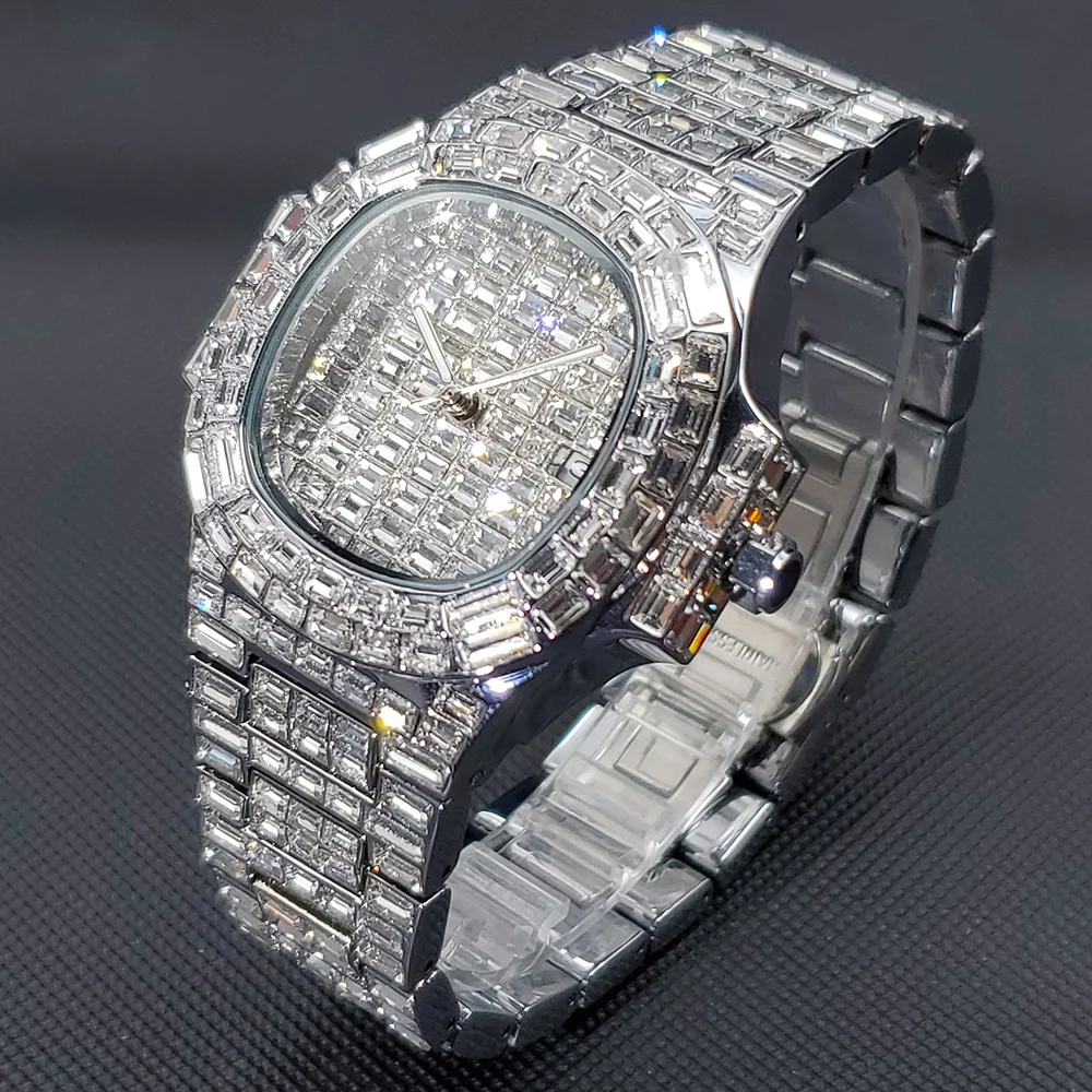 Original Luxury Brand Watch for Men Hip Hop Diamond Shiny Quartz Wristwatch Fashion Silver Iced Out Waterproof Reloj Hombre Gift