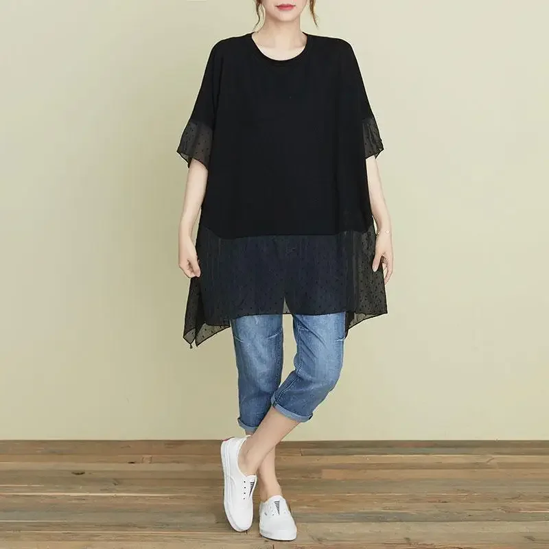 DIMANAF Plus Size Women Blouse T-Shirt  Summer Patchwork Oversize O-Neck Loose Short Sleeve Casual Lady Tops Tees Black