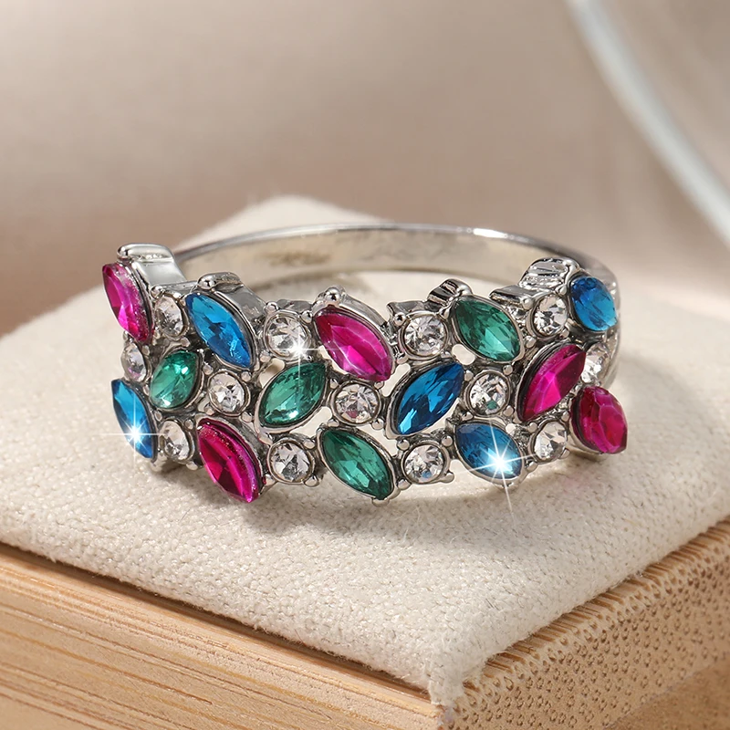 New Bohemia Crystal Rainbow Ring Ladies Multi-color Luxury Combination Ring Personalized Women's Party Jewelry Gift