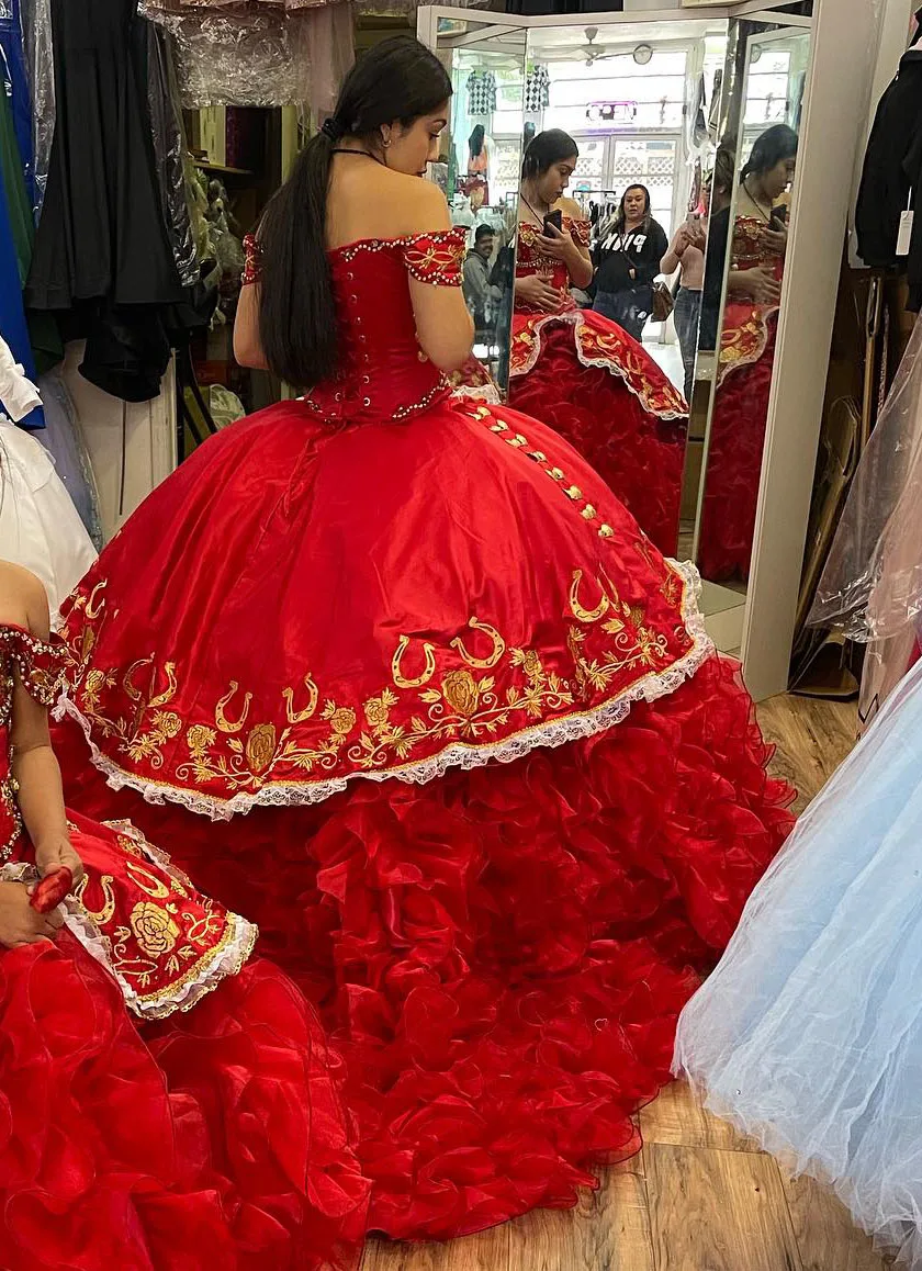 Red Charro Style Ruffles Gold Embroidery Quinceanera Dress Off the Shoulder Sweet 16 Dresses with Metal Buttons and Long Train