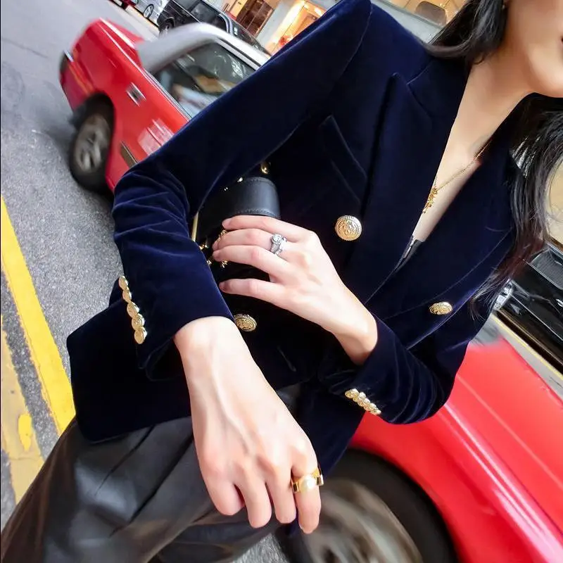 Small Suit Short Coat for Women Autumn and Winter New Velvet Slim Fit All-Matching Double-Breasted Long Sleeve Solid Color Suit