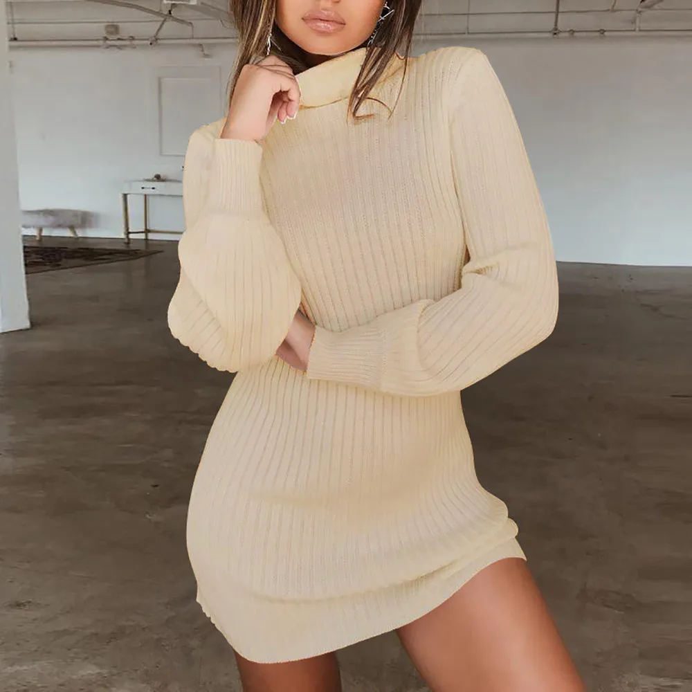 

Autumn and Winter Women's High Neck Long Sleeve Sweater Dress Women's Comfortable Solid Colour High Quality Casual Dresses