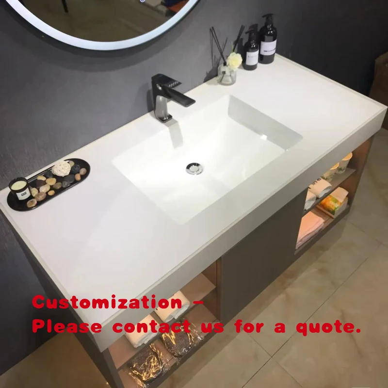 

custom.Modern Hotel-Style Intelligent Mirror Bathroom Cabinet Wood Material with Light Strip and Curved Washbasin Combination