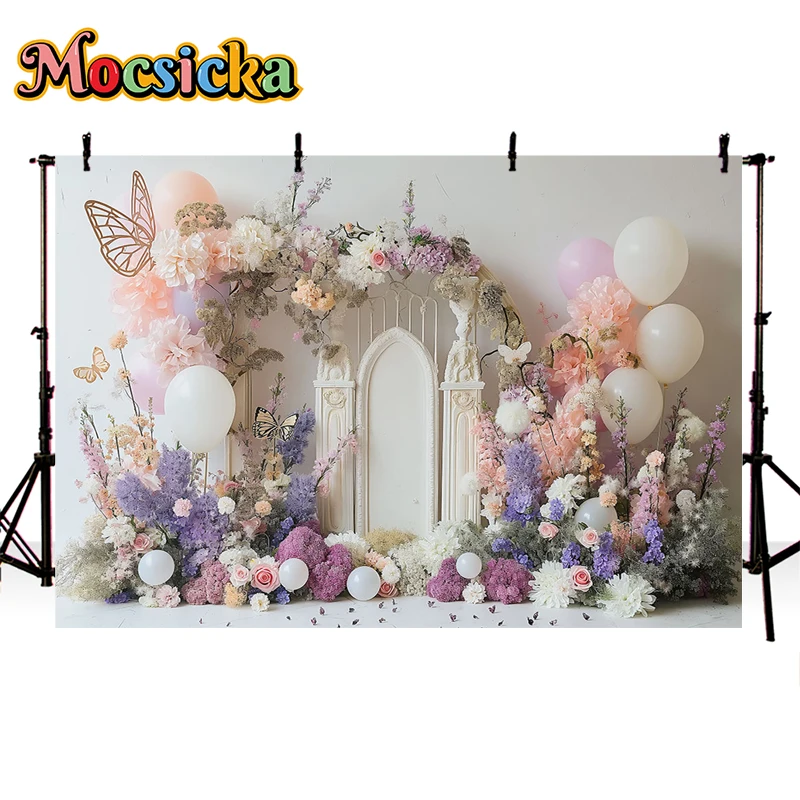 خلفية تصوير Mocsicka ، الباستيل الربيعي ، البالون الزهري ، ديكور القوس العتيق ، خلفية صورة فنية ، استوديو الصور ، الأطفال والكبار