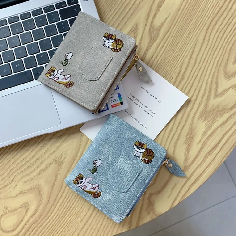 Koreaanse stijl geborduurde kat portemonnee portemonnee korte clutch muntzakje rits multifunctionele PU lederen kaarthouder kaart opbergtas