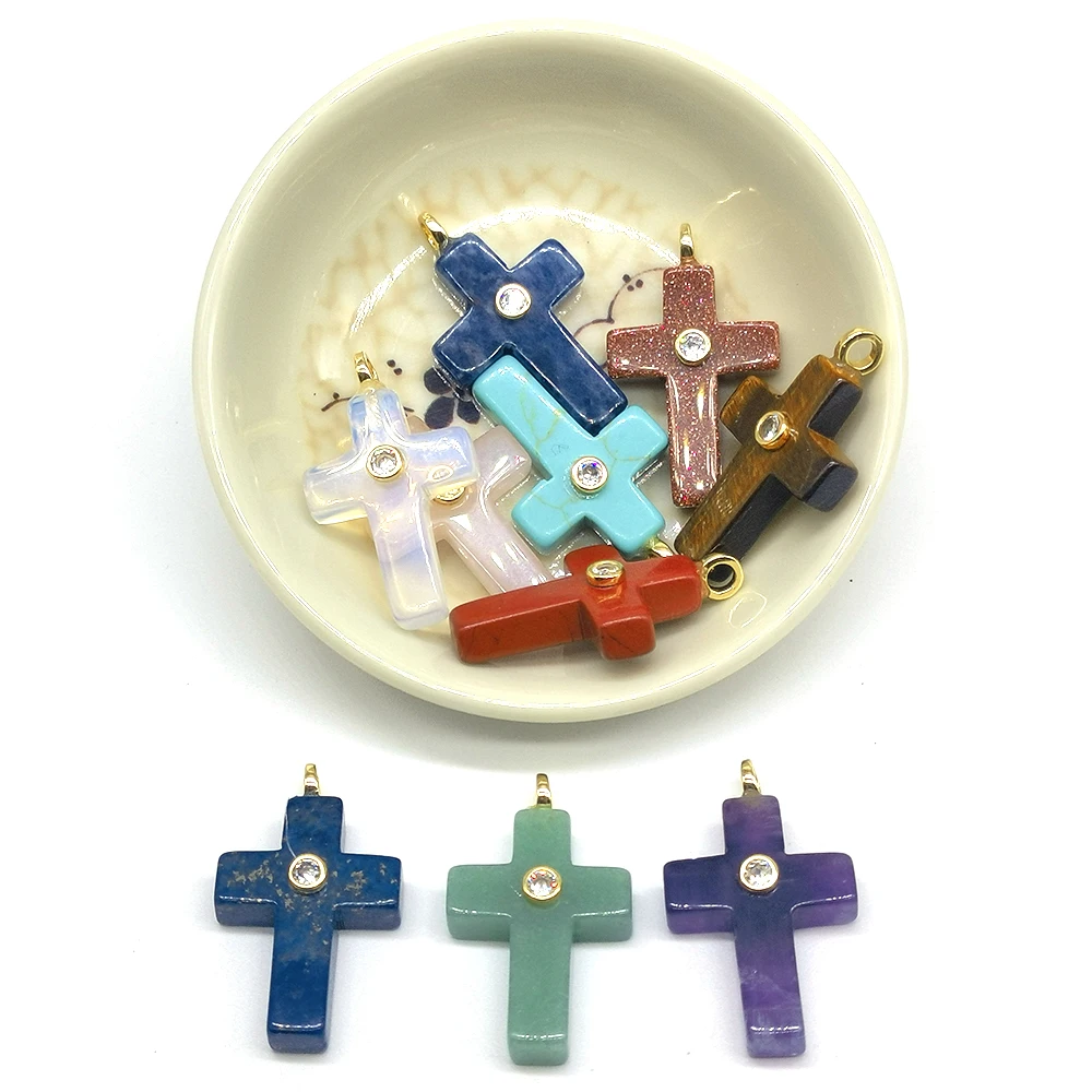 18x30mm Natural Stone Charms Cross Shaped Crystal Pendants Amethyst Quartz Agate for DIY Necklace Jewelry Making Accessories